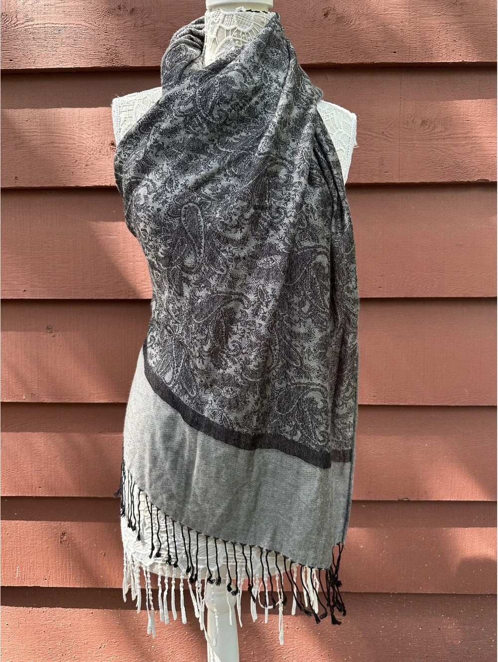 Black and Gray Paisley Patterned Scarf with Fringe